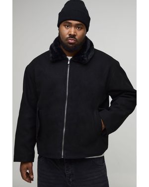 BoohooMAN Plus Faux Fur Collar Regular Fit Bomber Jacket - Black