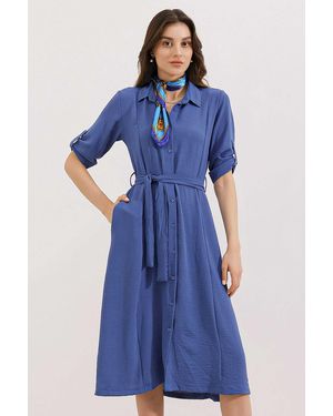 Bigdart Textured Midi Dress With Bow - Blue