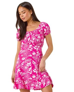 Roman Petite Floral Frill Ruched Dress - Pink
