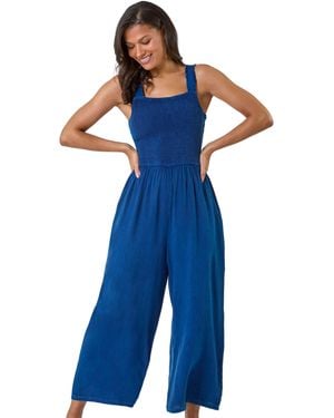 Roman Denim Shirred Bodice Pocket Jumpsuit - Blue