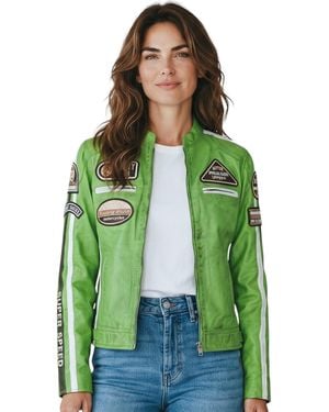 Infinity Leather Biker Racing Badges Jacket-Incheon Lamb Leather - Green