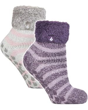 Heat Holders 2 Pack Ladies Soft Lounge Socks With Grips - Purple