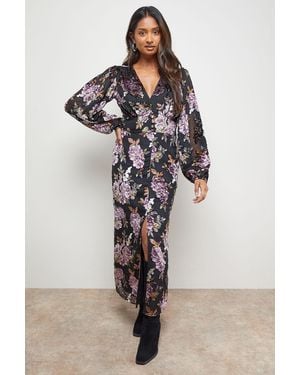 Oasis Devore V Neck Puff Sleeve Midi Tea Dress - Multicolour