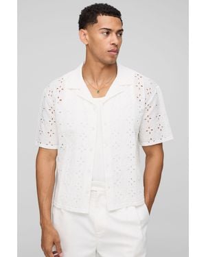 BoohooMAN Oversized Boxy Broderie Revere Shirt - White