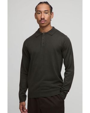 BoohooMAN Regular Fit Button Up Knitted Long Sleeve Polo - Black