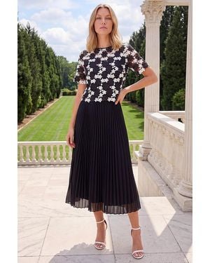 Roman Lace Overlay Pleated Midi Dress - Black