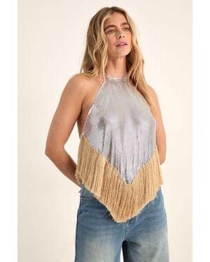 Nasty Gal Chainmail Fringe Halter Neck Top - Blue