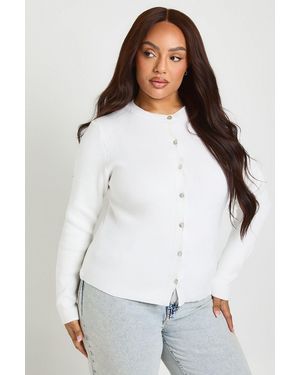 Boohoo Plus Cinched Button Down Compact Knit Cardigan - White