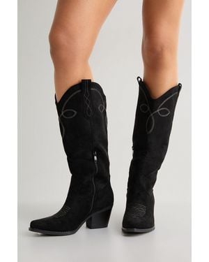 Boohoo Faux Suede Tab Detail Knee High Western Boots - Black