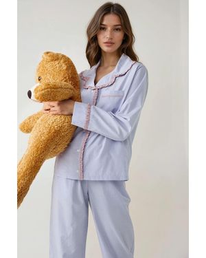 Hiccup Shirt Collar Cotton Plaid Pyjama Set - Blue