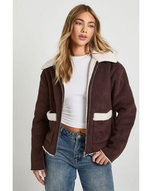 Boohoo Teddy Trim Faux Suede Aviator - Brown