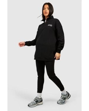 Boohoo Maternity Half Zip Oversized Sweat And Rib Legging Set - Black