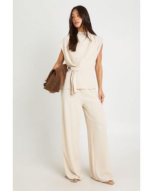 Boohoo Tall Hammered Knot Front Cowl Neck Blouse Wide Leg Trouser Co-Ord - Natural