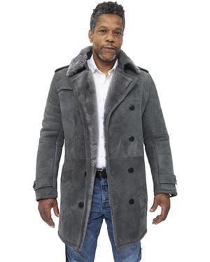 Infinity Leather Shearling Sheepskin Suede Pea Coat-Cali - Grey