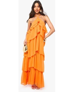 Boohoo Chiffon Halter Neck Tiered Maxi Dress - Orange