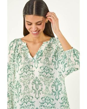 Roman Ikat Print V-Neck Tunic Top - Green