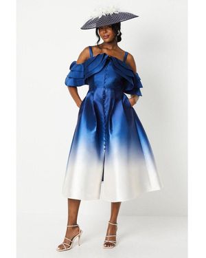 Coast Lisa Tan Ruffle Sleeve Ombre Midi Dress - Blue