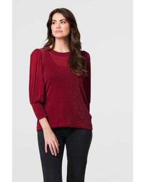 Izabel London Sparkly 3/4 Puff Sleeve Mesh Top - Red