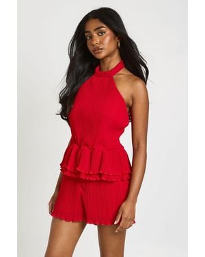 Boohoo Plisse Halterneck Playsuit - Red
