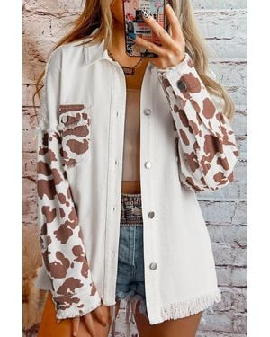 Everyday the Label Cow Print Denim Jacket Frayed Hem - White