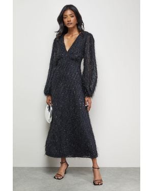 Warehouse Sequin Embellished Fluffy Plunge Neck Midi Dress - Blue
