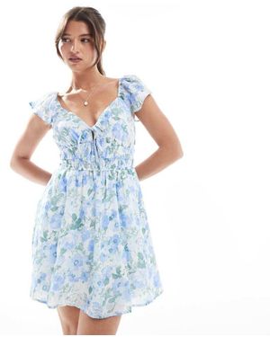 Hollister Short Sleeve Shirred Waist Detail Mini Skater Dress - Blue