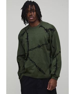 BoohooMAN Tall Oversized Boxy Barbed Wire Jacquard Knitted Jumper - Green
