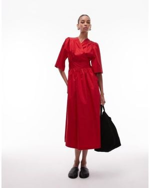 & Other Stories Poplin Midaxi Dress With Wrap Front And Puff Sleeves - Red
