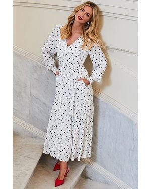 Sosandar Ivory & Spot Print Tiered Hem Belted Dress - Grey