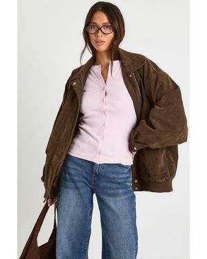 Boohoo Rib Button Through Long Sleeve Top - Pink
