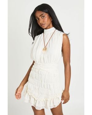 Boohoo Textured Chiffon High Neck Drop Hem Mini Dress - White