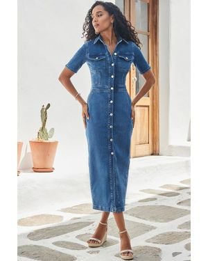 Sosandar Short Sleeve Button Front Denim Midaxi Dress - Blue