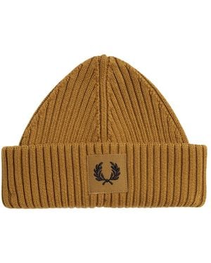 Fred Perry Branded Patch Dark Caramel Ribbed Beanie - Brown