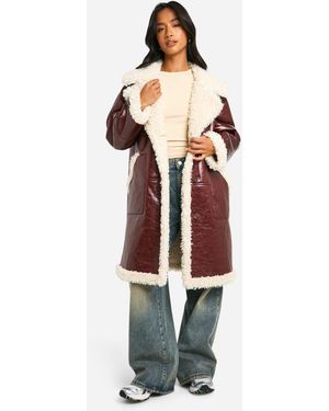 Boohoo Petite Faux Leather Teddy Trim Longline Aviator Jacket - Red