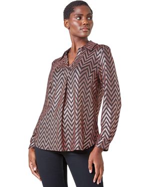 Roman Zig Zag Sequin Stretch Shirt - Brown