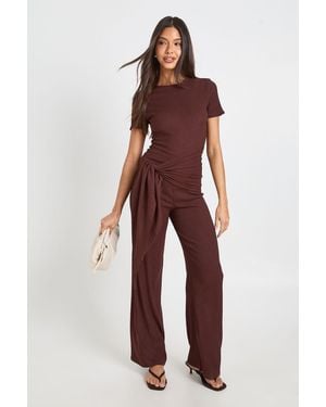 Boohoo Textured Wrap Waist Wide Leg Jumpsuit