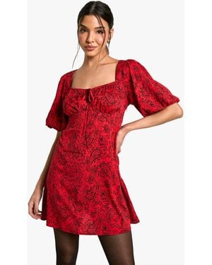 Boohoo Paisley Puff Sleeve Mini Dress - Red