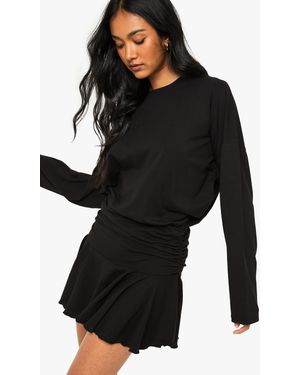 Boohoo Long Sleeve Ruched Drop Waist T-Shirt Dress - Black