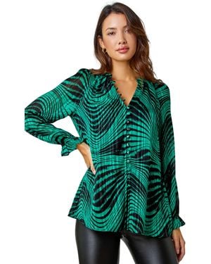 Roman Metallic Print V-Neck Chiffon Blouse - Green