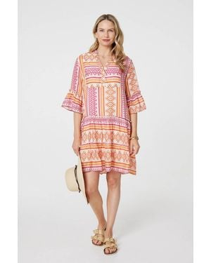 Izabel London Aztec Print V-Neck 3/4 Sleeve Short Dress - Pink