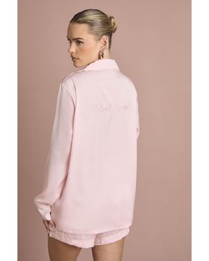 Boohoo Bridal 'Bridesmaid' Satin Embroidered Long Sleeve Shirt & Short Pyjama Set - Pink