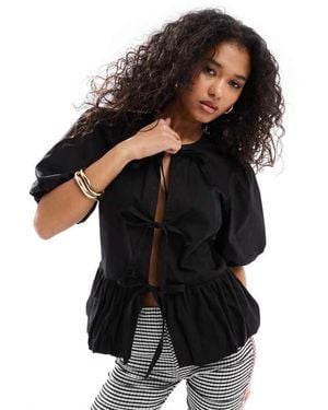 ASOS Cotton Puff Sleeve Peplum Top - Black