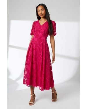 PRINCIPLES Floral Jacquard Puff Sleeve Midi Dress - Red