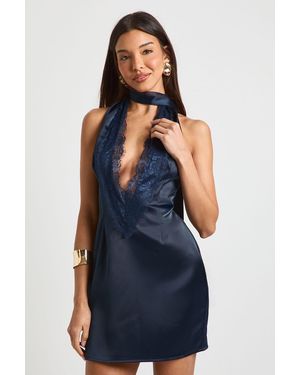 Boohoo Satin & Lace Scarf Detail Mini Dress - Blue