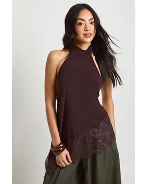 Boohoo Slinky High Neck Lace Asym Hem To - Brown