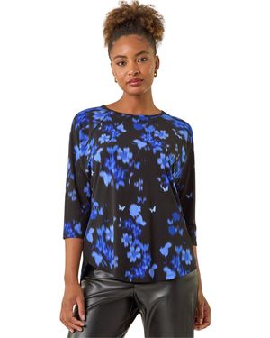 Roman Floral Print Round Hem Top - Blue
