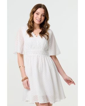 Izabel London Lace Texture Sheer 1/2 Sleeve Mini Dress - White