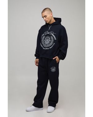 BoohooMAN Oversized Boxy Collegiate Varsity Hooded Tracksuit - Blue