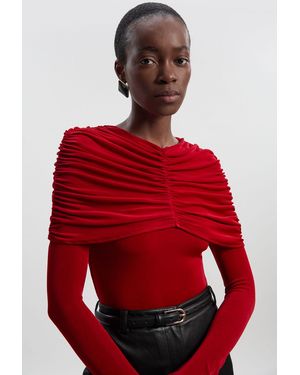 Karen Millen Drapey Crepe Detail Flare Sleeve Bodysuit - Red