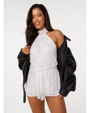 Pink Vanilla Halter Lace Peplum Playsuit - White